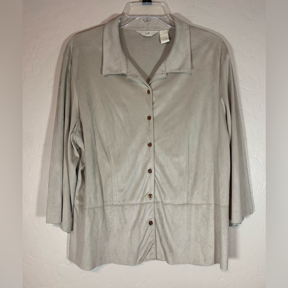 J Jill Faux Suede Button Down Blouse 3/4 Sleeve Western Taupe Large 0921